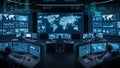 Futuristic Command Center with Multiple Screens Displaying World Map and Data control room surveillance Royalty Free Stock Photo