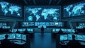 Futuristic command center with multiple screens displaying world maps and data control room technology Royalty Free Stock Photo