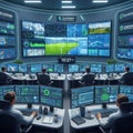 Futuristic command center with multiple screens and operators Royalty Free Stock Photo