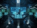 Futuristic Command Center with Multiple Screens and People Working at Consoles control room technology Royalty Free Stock Photo