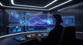 Futuristic command center with operator analyzing complex holographic data displays white background Royalty Free Stock Photo