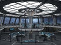 Futuristic command center with panoramic windows overlooking a cityscape and multiple workstations Royalty Free Stock Photo