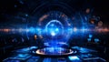 Futuristic command center monitoring global network activity with holographic earth display