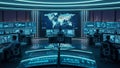 Futuristic Command Center with World Map Display and Multiple Monitors Showing Data control room Royalty Free Stock Photo