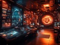 A futuristic command or control room, with rows of console screens displaying complex data, a central round monitor Royalty Free Stock Photo