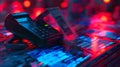 Futuristic communication devices over a high-tech motherboard backdrop. glowing lights illustrate advanced technology Royalty Free Stock Photo