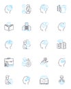 Futuristic communities linear icons set. Utopia, Cyberpunk, Dystopia, Sustainability, Progress, Innovation, Artificial