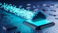 A futuristic computer chip with a glowing blue data stream Royalty Free Stock Photo