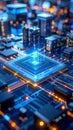 Futuristic computer chip with glowing circuits and data processing visualization Royalty Free Stock Photo