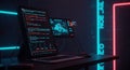 Futuristic Computer Coding Setup in Dark Room Royalty Free Stock Photo