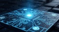 Futuristic computer microchip with glowing blue circuit board and central processing unit on dark background Royalty Free Stock Photo
