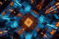 Futuristic computer microprocessor core with intricate design. A powerful processor chip on a mega computer