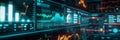 A futuristic computer monitor displaying an abstract network monitoring dashboard with swirling patterns and real-time Royalty Free Stock Photo