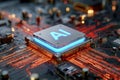 Futuristic computer processor chip glowing with blue ai text illuminated on a circuit board featuring intricate orange data Royalty Free Stock Photo