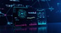 A futuristic computer screen display features data visualizations, such as bar charts Royalty Free Stock Photo