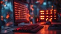 Futuristic Computer Screen Displaying Red Binary Code and Neon Lights Royalty Free Stock Photo