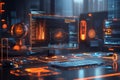 A futuristic computer screen displays holographic data visualizations and graphs, surrounded by glowing tech gadgets on Royalty Free Stock Photo