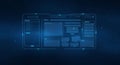 Futuristic computer screen interface with dark blue background and white dots showing grid pattern menu bar and search function Royalty Free Stock Photo