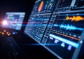 Futuristic computer screens displaying complex data and audio waveforms Royalty Free Stock Photo