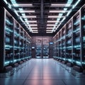 futuristic computer server room with rows of blinking lights and racks of equipment.