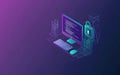 A futuristic computer setup with coding elements and a secure lock symbol showcasing digital security in a tech Royalty Free Stock Photo