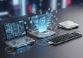 Futuristic computer setup featuring three connected devices with holographic displays and digital Royalty Free Stock Photo