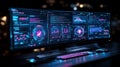Futuristic computer setup with multi-monitor display and vibrant data visualizations