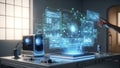 Futuristic Computer System with Holographic Display Royalty Free Stock Photo