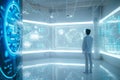 Futuristic computer technologies in a white room with one person, modern technology concept Royalty Free Stock Photo