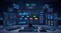 A futuristic computer workstation with multiple monitors displaying various data visualizations Royalty Free Stock Photo
