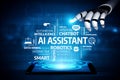 Futuristic Concept of AI Assistant Technology with Robotic Hand Interacting with Digital Interface and Keywords Related Royalty Free Stock Photo