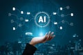 Futuristic Concept of Artificial Intelligence with Data Flow Visualization and Human Hand Representing Technology Royalty Free Stock Photo