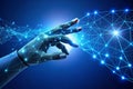 Artificial intelligence and human hand touching with digital data technology, concept on a blue background for future tech or Royalty Free Stock Photo
