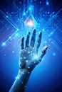 Artificial intelligence and human hand touching with digital data technology, concept on a blue background for future tech or Royalty Free Stock Photo