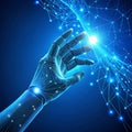 Artificial intelligence and human hand touching with digital data technology, concept on a blue background for future tech or Royalty Free Stock Photo