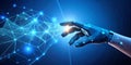 Artificial intelligence and human hand touching with digital data technology, concept on a blue background for future tech or Royalty Free Stock Photo