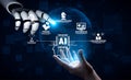 Futuristic Concept of Artificial Intelligence with Robotic Hand Interacting with Digital Elements and Infographics for Royalty Free Stock Photo