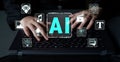 Futuristic Concept of Artificial Intelligence Technology with Hands Typing on Laptop Surrounded by Digital Icons Royalty Free Stock Photo