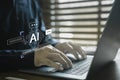 Futuristic concept of artificial intelligence technology with person typing on laptop, AI Royalty Free Stock Photo