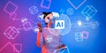 Futuristic Concept of Artificial Intelligence with User in Virtual Reality Headset Surrounded by AI-Driven Graphics and Royalty Free Stock Photo