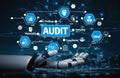 Futuristic Concept of Audit with Robotic Arm and Data Analytics Icons Symbolizing Compliance, Materiality, Sampling, and Royalty Free Stock Photo