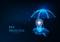 Futuristic concept of business idea, startup protection with hand holding lightbulb and umbrella