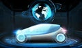 Futuristic concept car with earth globe hologram