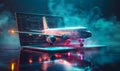 Futuristic concept of a commercial airliner jet emerging from a laptop screen, symbolizing online travel booking, virtual Royalty Free Stock Photo