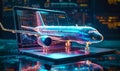 Futuristic concept of a commercial airliner jet emerging from a laptop screen, symbolizing online travel booking, virtual Royalty Free Stock Photo