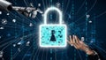 Futuristic concept of cyber security with robotic hand and human hand interacting with digital padlock and data symbols Royalty Free Stock Photo