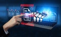 Futuristic Concept of Cybersecurity with Robot Hand Interacting with Computer Screen Displaying Warning for Royalty Free Stock Photo