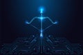 Digital Bow and Arrow Formed by Polygonal Network Above Circuit Board. Futuristic Tech Symbol Royalty Free Stock Photo