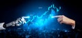 Futuristic Concept of Human and Robot Collaboration in Financial Trading with Stock Market Data Visualization in the Royalty Free Stock Photo