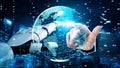 Futuristic Concept of Human and Robot Interaction Pointing at a Digital Globe with Data Visualization in a High-Tech Royalty Free Stock Photo